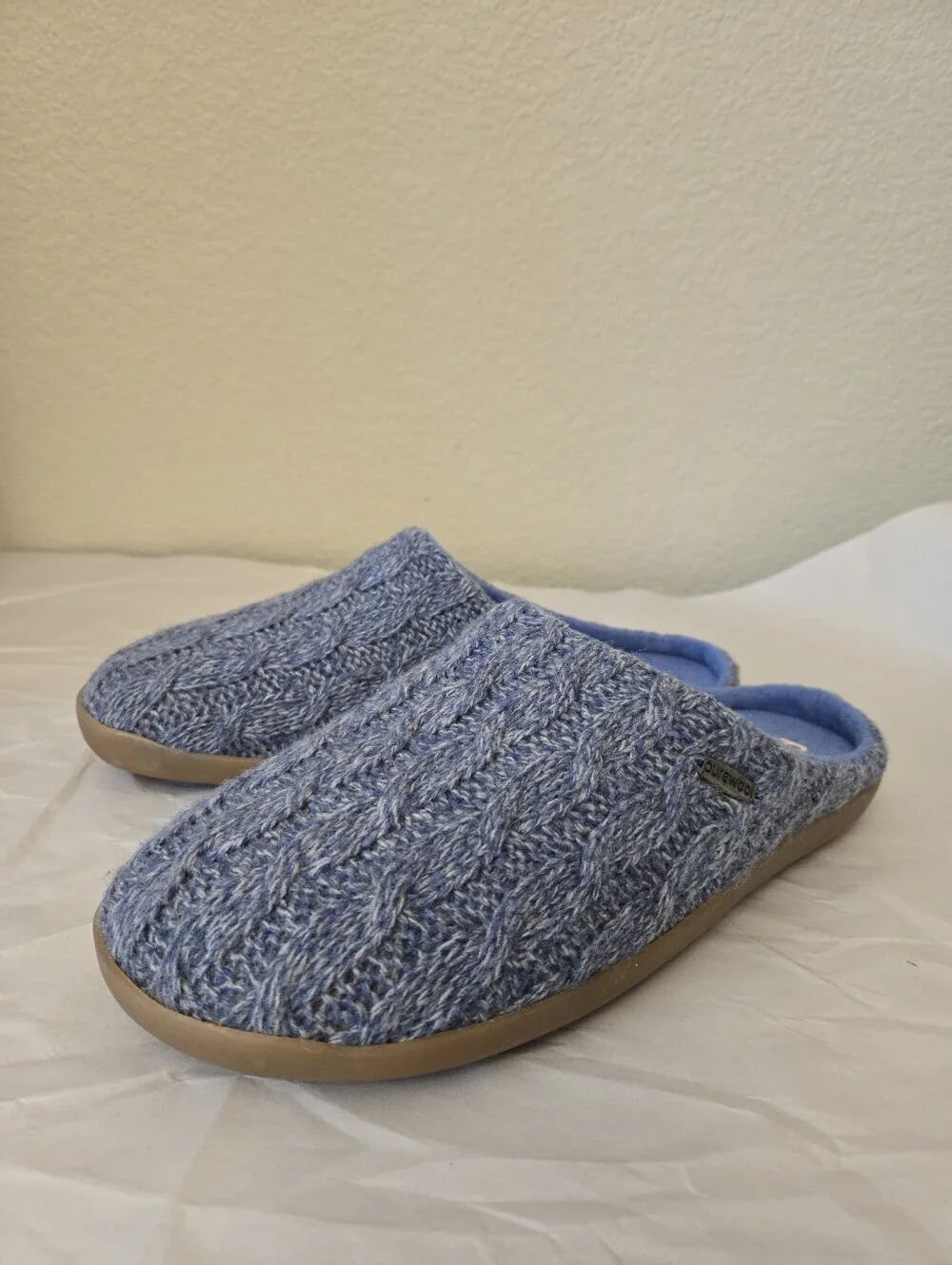 Cosyfeet Purewool Men's Sz 9 Slip On Benny Mules Blue Cable Knit Warm & Comfy